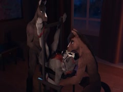 Two horses fucking a dude in animal threesome sex